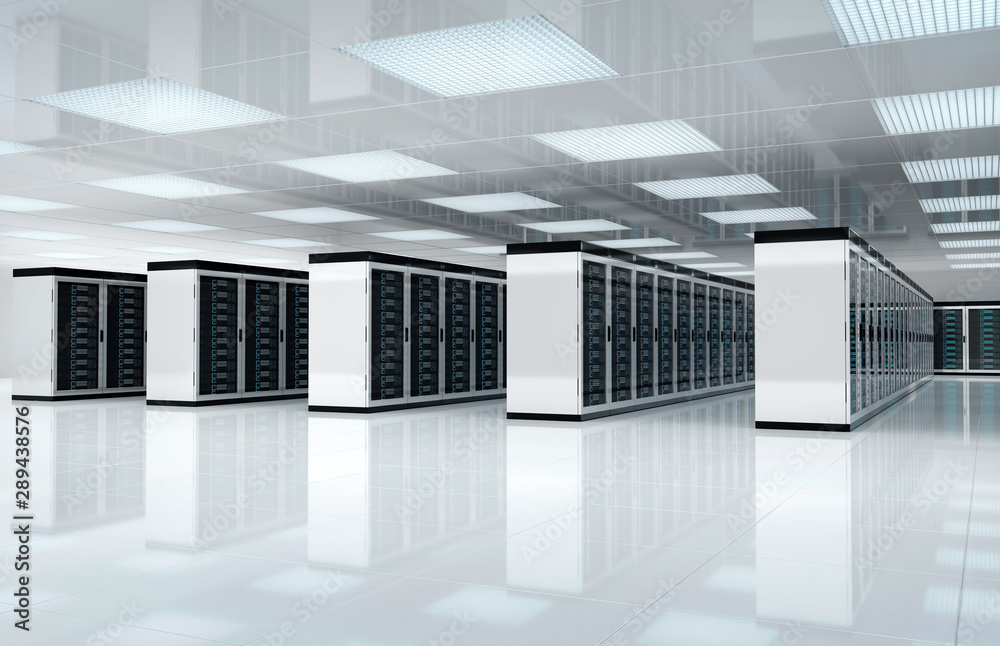 Poster White servers center room with computers and storage systems 3D rendering