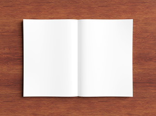 White open magazine mockup on wooden 3D rendering