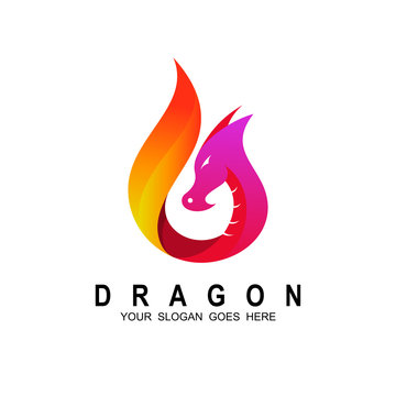 Dragon Fire Flame Logo design vector template Negative space style. Monster Strength reptile silhouette Logotype concept icon.