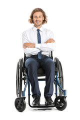 Handsome businessman in wheelchair on white background