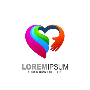 Heart and hand logo with colorful design, charity logo, medical and healthy care icon 