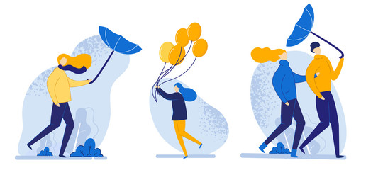 Banner Set People Walk in Windy Weather Cartoon.