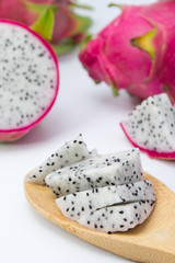 Fototapeta na wymiar Cut slices of white dragon fruit, Pitaya)