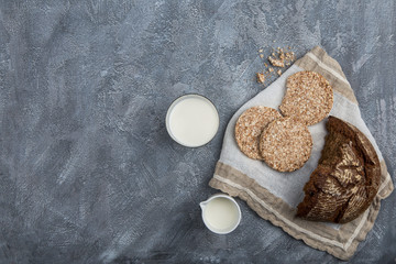 bread milk and breads on a blue background