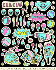 Set of stickers, pins. Skull, ice cream and circus attributes. Creepy, fun cartoon illustration. Bright, acid colors on black.