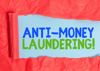 Writing note showing Anti Money Laundering. Business concept for regulations stop generating income through illegal actions