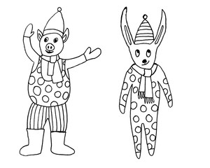 2020 Happy New Year. Set of cute little cartoon toys. New year and Christmas characters. Christmas animals simple illustration for greeting cards, calendars, prints. Vector illustration