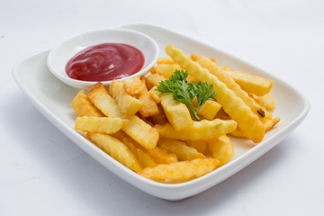 French Frie & Ketchup on white background