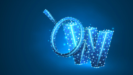 Letter w with magnifying glass. World wide web analysis, domain search, www, web address, website concept. Abstract, digital wireframe low poly mesh vector blue neon 3d illustration. Line, dot