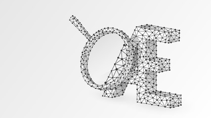 Initial based clean AE letter symbol with magnifying glass. Alphabet aesh letter analytics concept. Abstract, digital, wireframe, low poly mesh, Raster white origami 3d illustration. Line dot