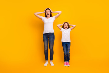 Full length photo of cheerful ladies with long haircut touching their head screaming wow omg...