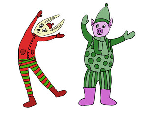 2020 Happy New Year. Set of cute little cartoon toys. New year and Christmas characters. Christmas animals simple illustration for greeting cards, calendars, prints. Vector illustration