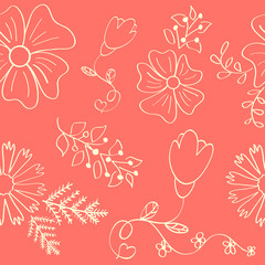 Floral seamless pattern with flowers and leaves. Beautiful abstract texture with blossom. Vector background with living coral color. Vibrant sketch illustration