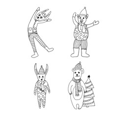 2020 Happy New Year. Set of cute little cartoon toys. New year and Christmas characters. Christmas animals simple illustration for greeting cards, calendars, prints. Vector illustration