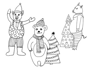 2020 Happy New Year. Set of cute little cartoon toys. New year and Christmas characters. Christmas animals simple illustration for greeting cards, calendars, prints. Vector illustration