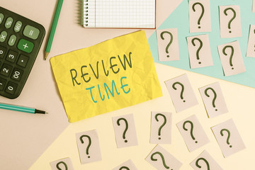 Writing note showing Review Time. Business concept for to think or talk about something again Set schedule to review Mathematics stuff and writing equipment above pastel colours background