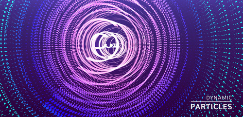 Array with dynamic particles. Swirl with connected dots. Abstract science or technology background. 3d vector illustration.