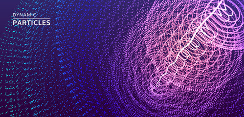 Array with dynamic particles. Swirl with connected dots. Abstract science or technology background. 3d vector illustration.