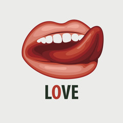 Vector illustration with sexy female mouth and inscription Love. Sensual open lips, licking mouth with tongue. Full lips, tongue and teeth of a young girl or woman. T-shirt design or tattoo