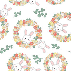 Wreath from young willow branches. Seamless pattern with decorated eggs and beautiful Easter wreath. The symbol of spring and Easter.