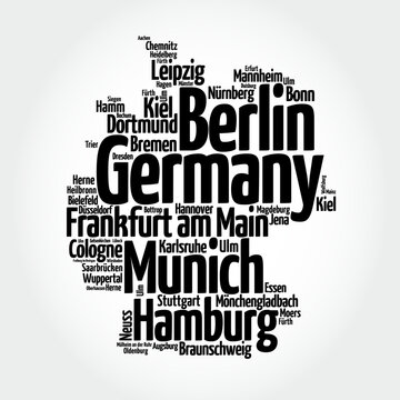 List of cities and towns in GERMANY, map word cloud collage, business and travel concept background