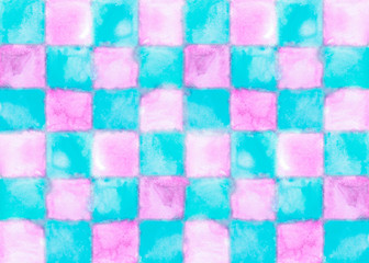 Abstract watercolor background of blue and pink squares. Hand drawn