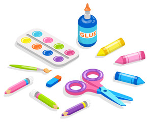 School supplies for painting and doing applications. Stationery as scissors and pencils glue and tassel paint palette. Materials for children to draw. Back to school concept. Flat cartoon isometric 3d