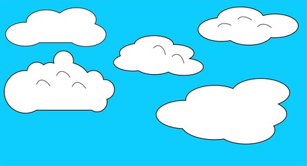 Cloud icons on blue background. Collection with flat design in different shapes and form. Vector sky cartoon illustration. For web, print, app design, weather forecast, web interface or cloud storage