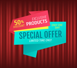 Advertisement of exclusive offer, hot discount percent, only one day. Retail sale poster, shopping icon, marketing symbol. Cheap, deal promotion, lowering of prices. Red curtain theater background
