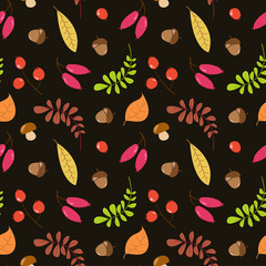 Vector seamless autumn pattern with leaves, acorns and berries on dark brown background. Hand drawn vector botany texture. Flower graphic design. Autumn collection.