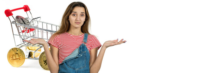 Horizontal white banner with a girl shopping online, cryptocurrency exchange. Food basket with bitcoin wheels.