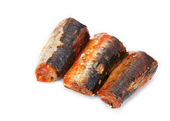 Canned fish (sardines, pilchards fish in tomato sauce)with soft shadow isolated on white background this has clipping path. 