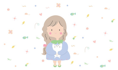 Cute girl with little cat cartoon vector pastel color