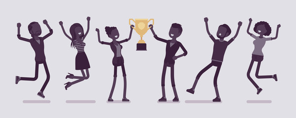 Winner teenager team with trophy. Happy teens celebrating mutual victory, sport or science event achievement, jumping with joy. Vector illustration with faceless characters
