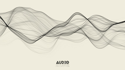Vector 3d echo audio wavefrom spectrum. Abstract music waves oscillation graph. Futuristic sound wave visualization. Black and white line impulse pattern. Synthetic music technology sample. - obrazy, fototapety, plakaty