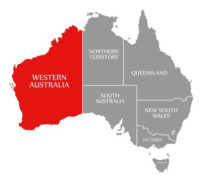 Western Australia red highlighted in map of Australia