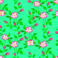 Wild roses watercolor seamless pattern. Flowers, leaves. Floral background. Fabric design, wallpaper