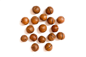 Pattern of nuts- inshell macadamia nut on a white background in the form of a circle. Concepts about decoration, healthy eating and food background.