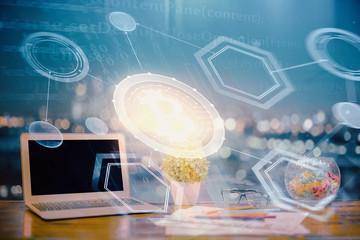 Double exposure of blockchain and crypto economy theme hologram and table with computer background....