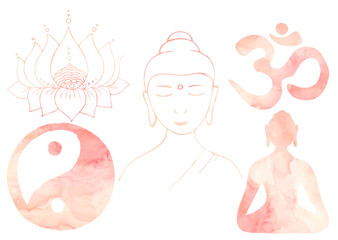 Meditation set Blush pink watercolor Yoga elements Buddha, Om sign, Yin Yang, Lotus