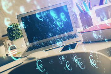 Financial graph colorful drawing and table with computer on background. Double exposure. Concept of...