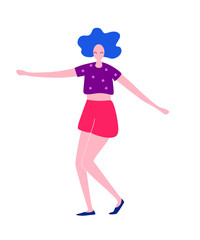 Happy dancing woman. Female having fun, dance, jump. Joyful disco party. Flat vector illustration.