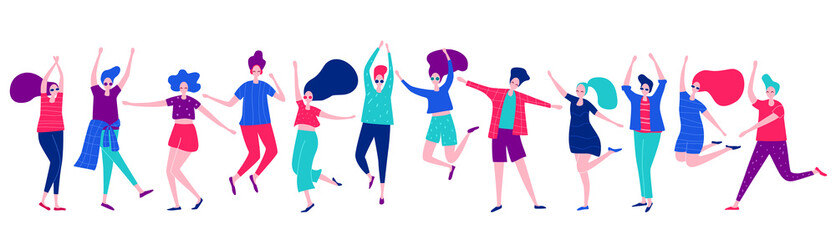Group of happy dancing people. Male and female having fun, dance, jump. Disco party. Flat vector illustration.
