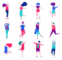 Group of happy dancing people. Male and female having fun, dance, jump. Disco party. Flat vector illustration.