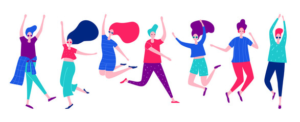 Group of happy dancing people. Male and female having fun, dance, jump. Disco party. Flat vector illustration.