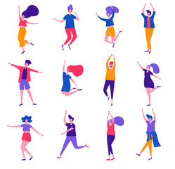 Fototapeta na wymiar Group of happy dancing people. Male and female having fun, dance, jump. Disco party. Flat vector illustration.
