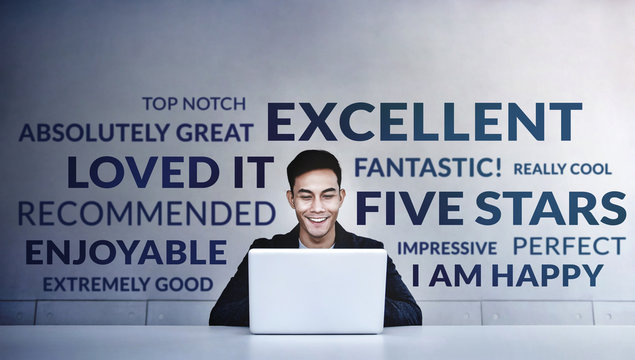 Customer Experiences Concept. a Young Happy Man Reading Positive Review Rating via Computer Laptop. Client's Satisfaction Surveys Online