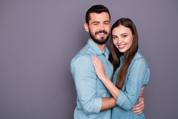 Close-up portrait of two her she his he nice attractive charming lovely careful sweet tender...