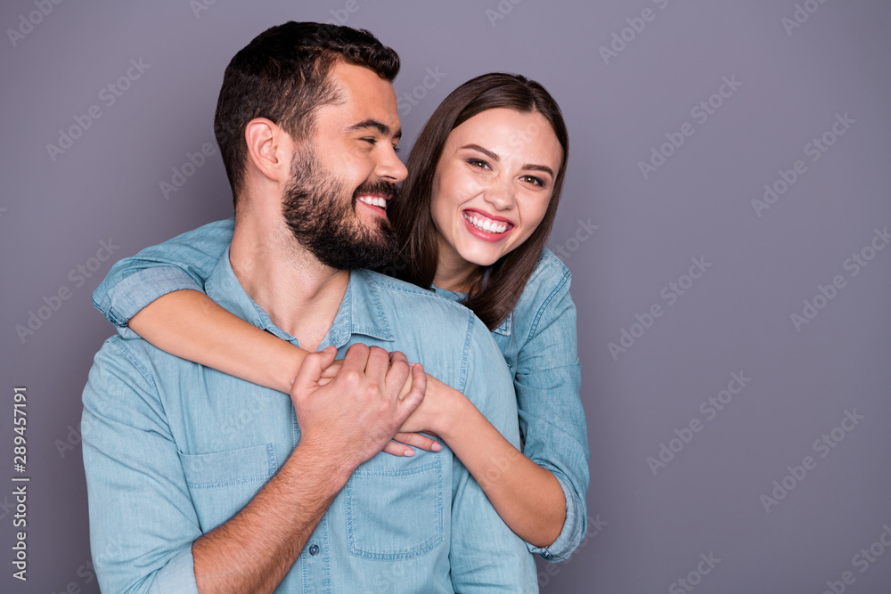 Wall mural close-up portrait of two her she his he nice attractive lovely cheerful cheery glad positive person 