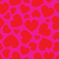 Vector seamless pattern , red hearts of different size and direction on deep pink background.
